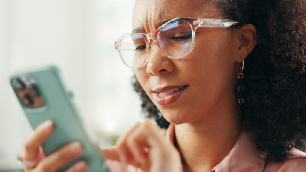 Confused, phone and reading with business woman for journalist error, fake news and clickbait post. Story glitch, mistake and article fact check with person and online fail for editor review and app.
