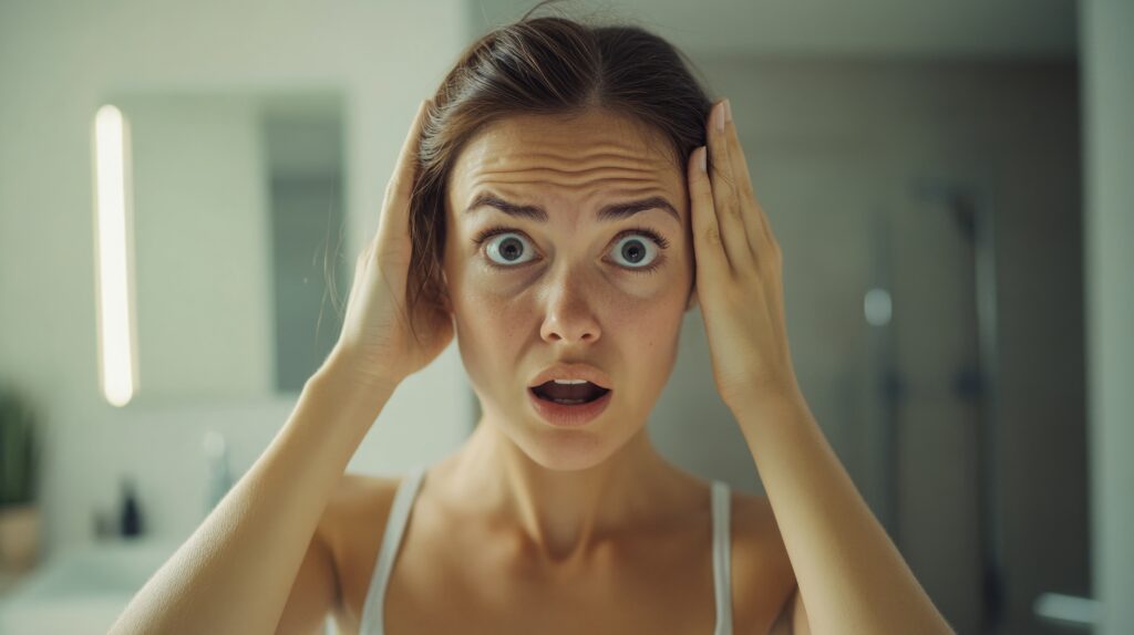A woman looking distressed in a bathroom, with her hand on her head and an expression of surprise or concern.