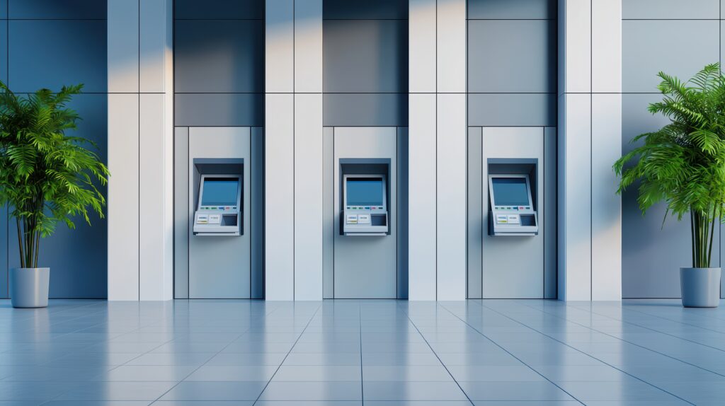 Modern bank lobby featuring automated teller machines (ATMs)