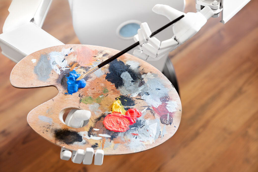 robot ai artificial intelligence is learning creativity by using a painter palette, doing a artwork, concept autonomous robot is going to be an artist