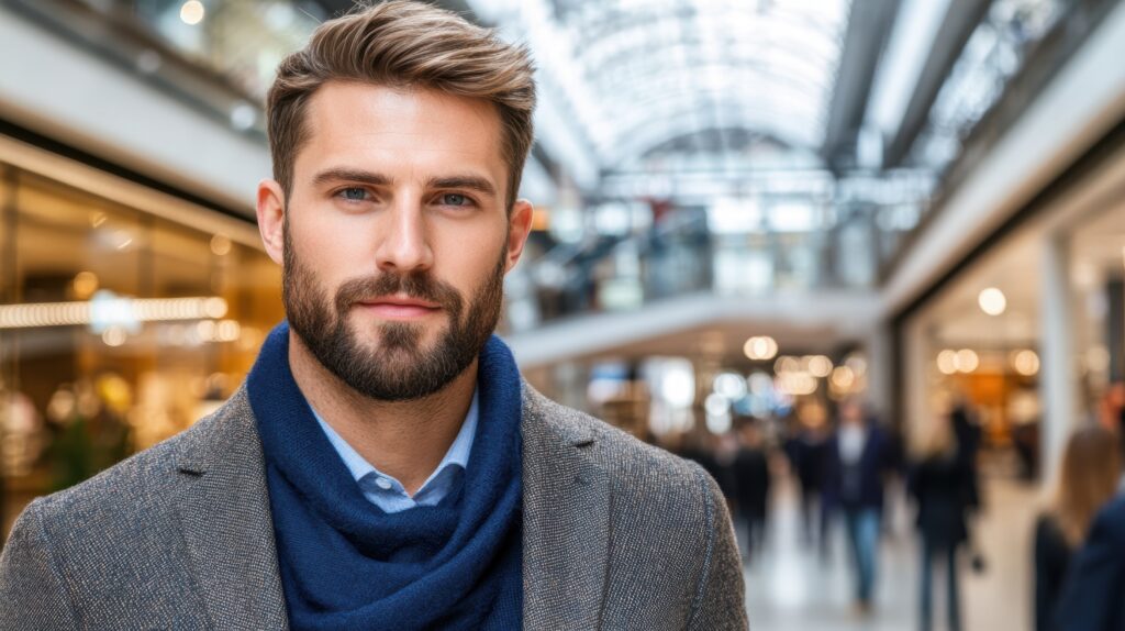 A stylish young man with a well-groomed beard smiles confidently in a bustling shopping mall, suggesting themes of fashion, lifestyle, and modern living suitable for advertising, marketing