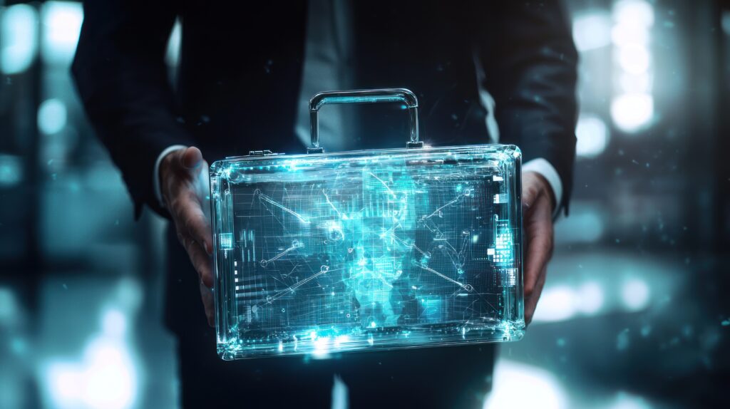 A businessman holds a transparent briefcase filled with digital data, symbolizing the future of finance.